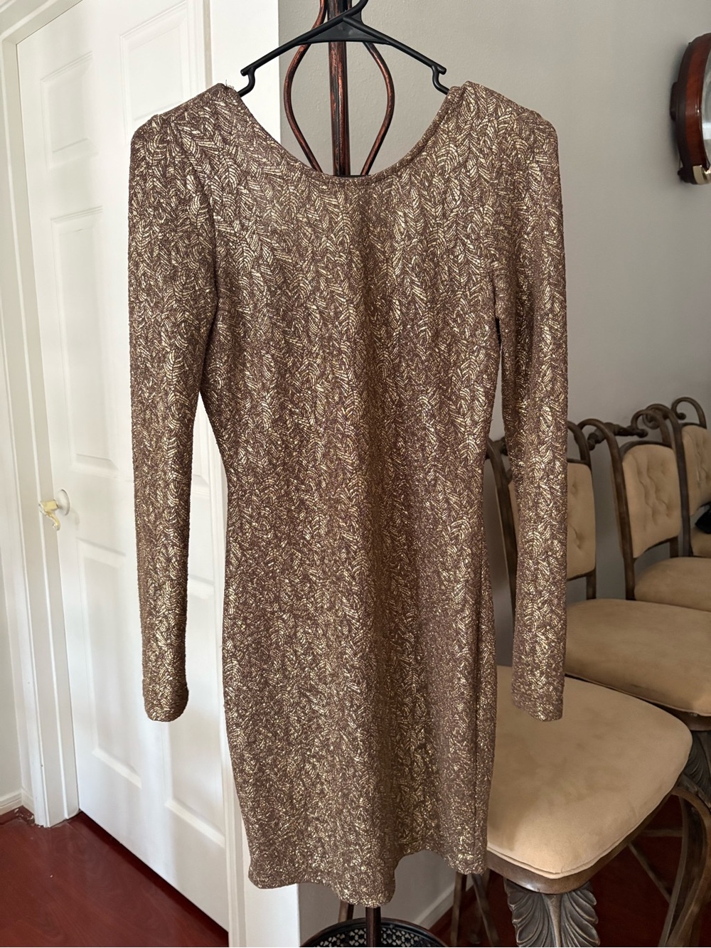 Rhapsody gold metallic leaf print long sleeve size small